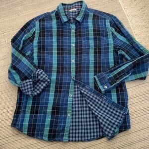 Carbon 2 Cobalt Shirt Mens Large Two-Ply Double Faced Aqua Blue Plaid Button-Up